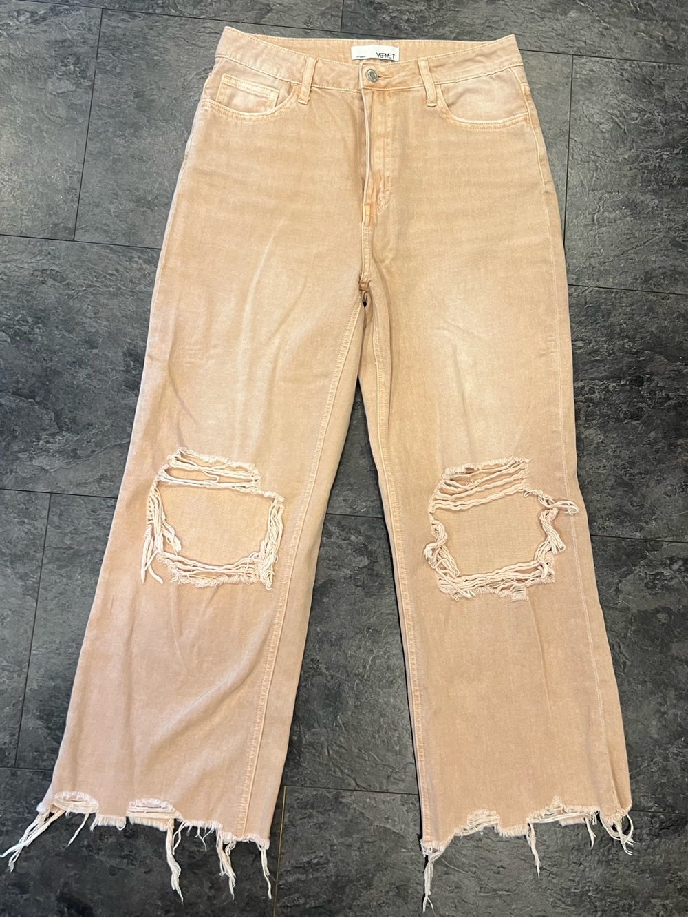Velvet Washed Tan Wide-Leg Distressed Jeans